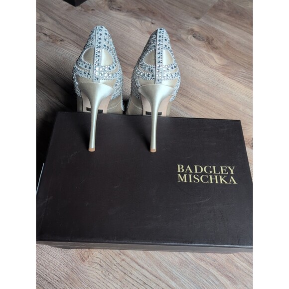 Badgley Mischka Rouge Crystal Embellished Heels Ivory Satin Wedding - Picture 7 of 14